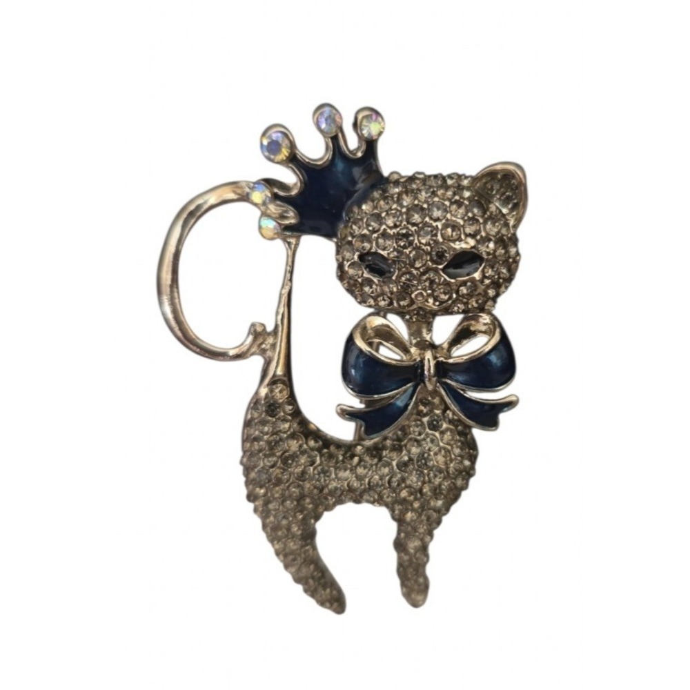 Silver-Tone Cat With Crown & Bow Tie Rhinestone & Teal Enamel Brooch/Pendant